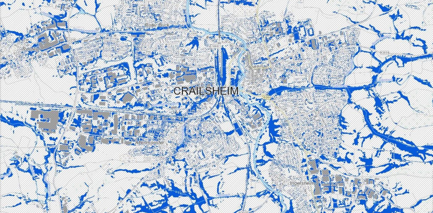 Karte mit verschiedenen blautönen, die die verschiedenen Überflutungsflächen darstellen