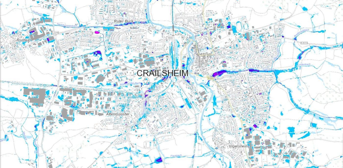 Karte mit verschiedenen blautönen, die die verschiedenen Überflutungstiefen darstellen