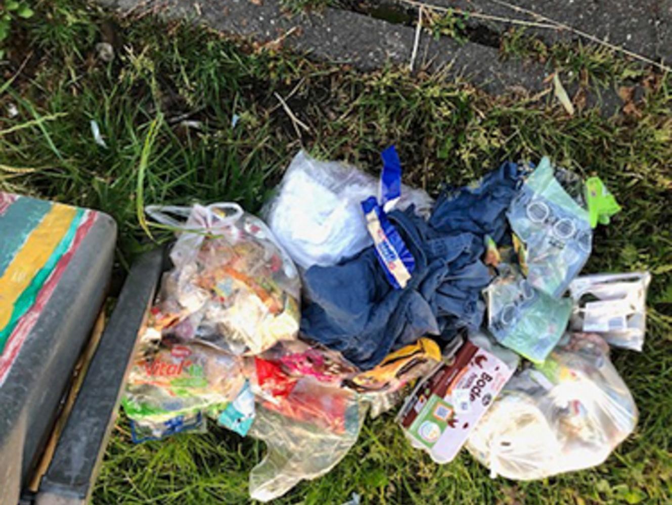 Stadtverwaltung Müll liegt auf einem Rasen am Straßenrand