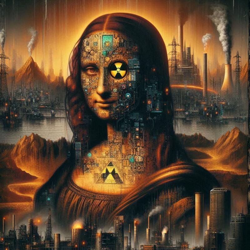 Mona-Lisa-Figur mit verschieden Symbolen, Städten und Vulkanenen als Siloette