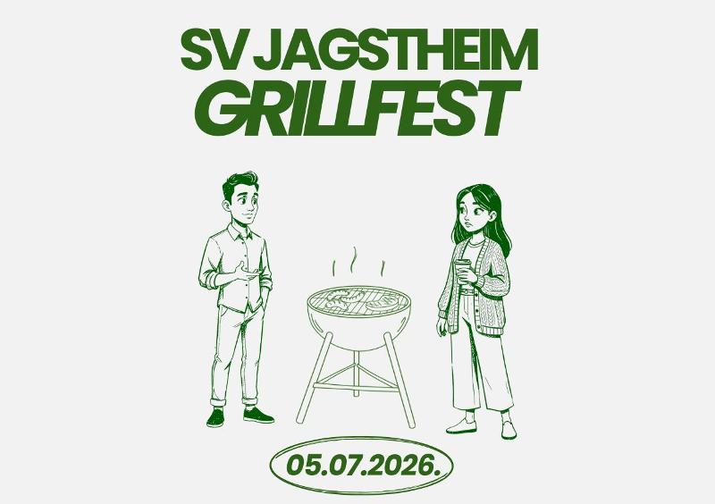 Zwei Menschen die um einen Grill herumstehen, mit der Überschrift "SV Jagstheim Grillfest"