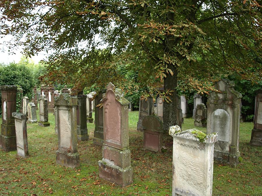 Jüdischer Friedhof mit Gräber im Vordergrund