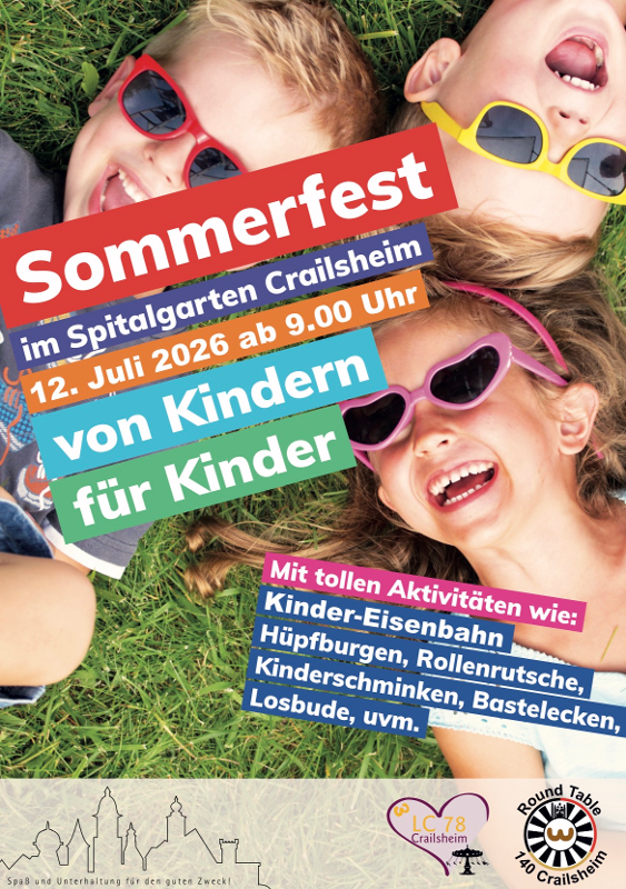 Plakat des Sommerfestes auf dem drei Kinder mit Sonnenbrille zu sehen sind