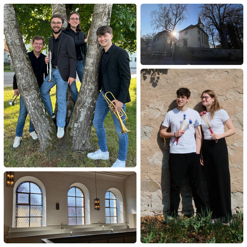 Collage mit vier Bildern zwei vom Gebäude und zwue mit Personengruppen und ihren Instrumenten