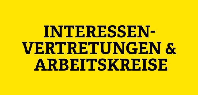Gelbe Kachel mit Aufschrift Interessenvertretungen & Arbeitskreise