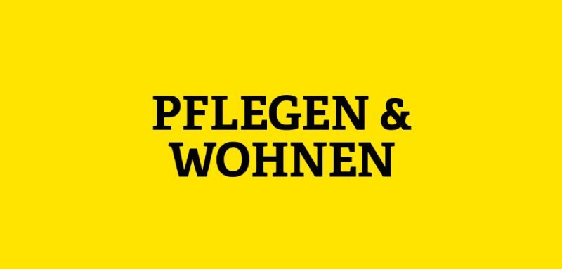 Gelbe Kachel mit Aufschrift Pflegen & Wohnen