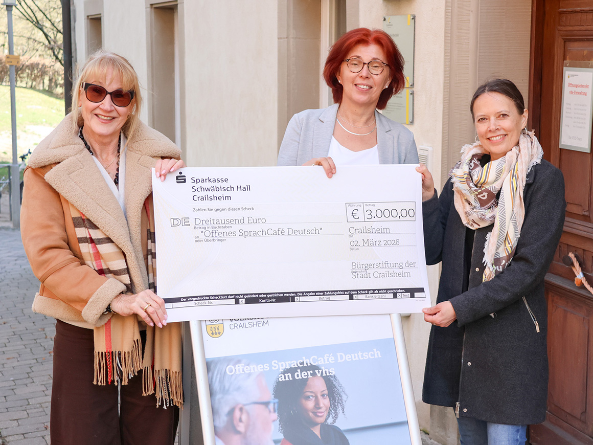 Drei Frauen halten einen übergroßen Scheck und lächeln in die Kamera