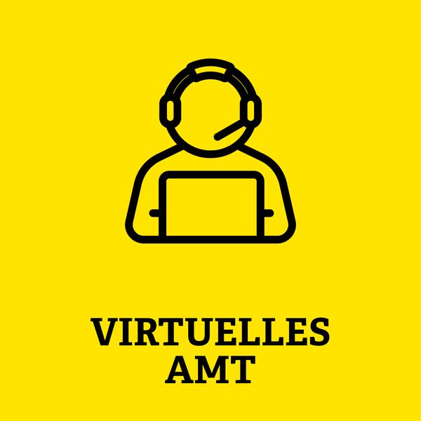 Gelbe Kachel mit einer Person, die mit einem Headset vor einem PC sitzt un darunter der Aufschrift Virtuelles Amt