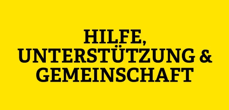 Gelbe Kachel mit Aufschrift Hilfe, Unterstützung & Gemeinschaft