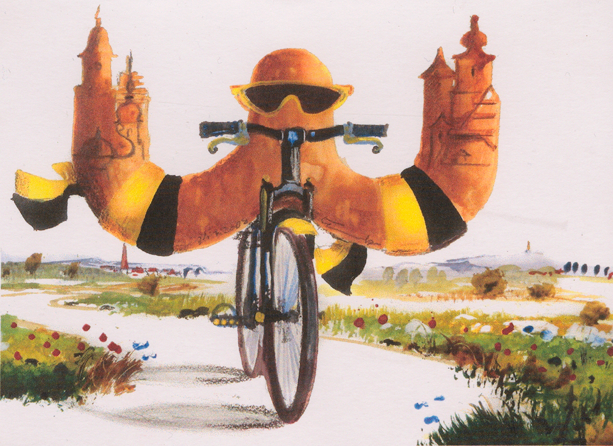 Ein Horraf mit Sonnenbrille und den Stadtfarben schwarz und gelb auf einem Fahrrad