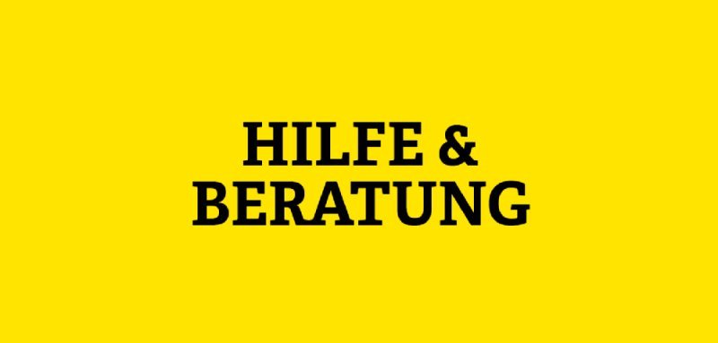 Gelbe Kachel mit Aufschrift Hilfe & Beratung