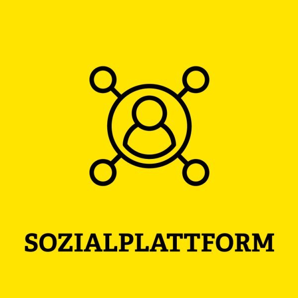 gelbe Kachel mit einem Kreis und einem Männchen in der Mitte, vom mittleren großen Kreis gehen vier weitere kleinere Kreise weg