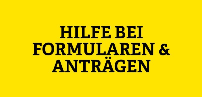 Gelbe Kachel mit Aufschrift Hilfe bei Formularen und Anträgen
