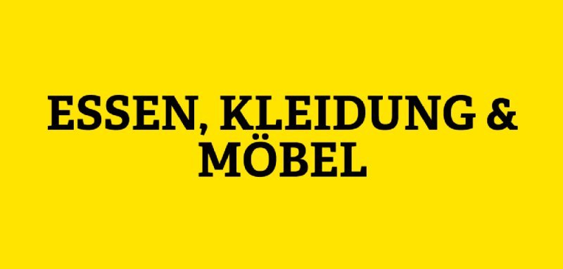 Gelbe Kachel mit der Aufschrift Essen, Kleidung und Möbel