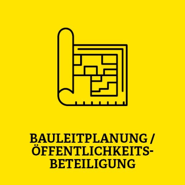 gelbe Kachel mit Symbole eines Plans in der Mitte und der Aufschrift Bauleitplanung/Öffentlichkeitsbeteiliung