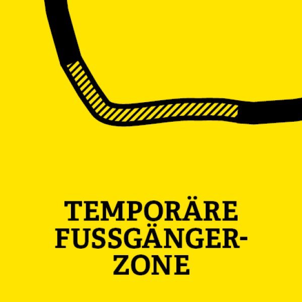gelbe Kachel mit Linie als Straße in der Mitte und der Aufschrift Temporäre Fußgängerzone