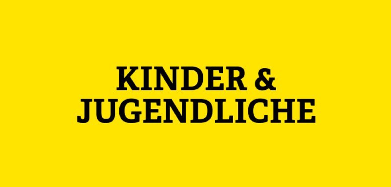Gelbe Kachel mit Aufschrift Kinder & Jugendliche