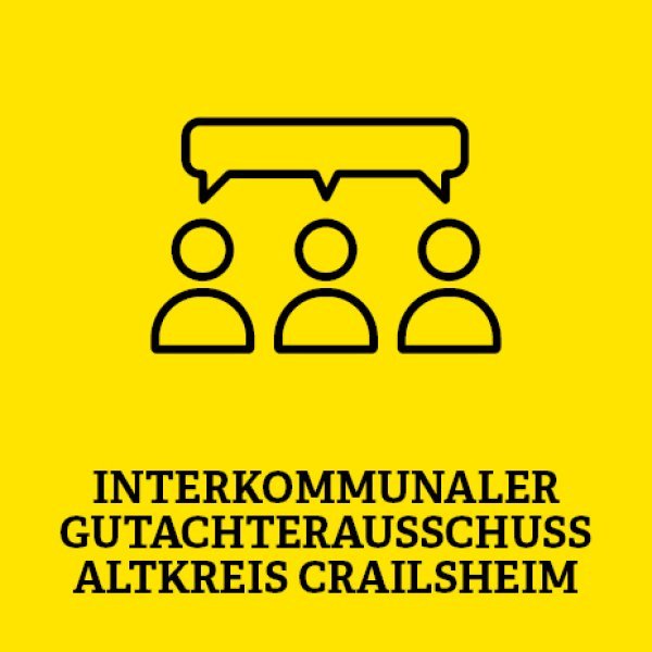 Gelbe Kachel mit 3 Männchen und einer Sprechblase drüber in der Mitte und der Aufschrift Interkommunaler Gutachterausschuss Altkreis Crailsheim