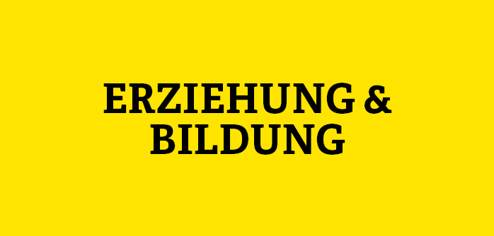 Gelbe Kachel mit der Aufschrift Erziehung & Bildung