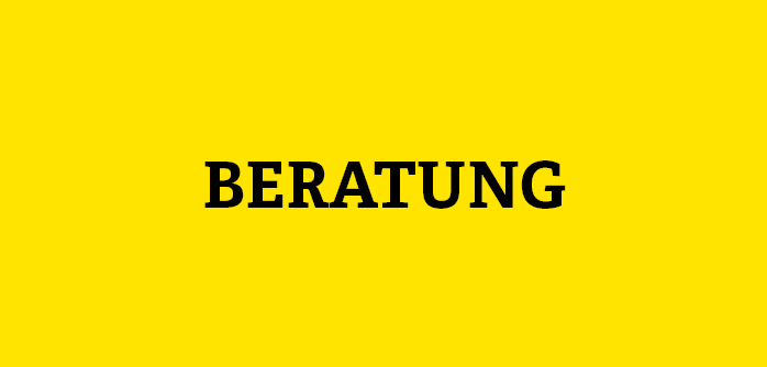 Gelbe Kachel mit Aufschrift Beratung