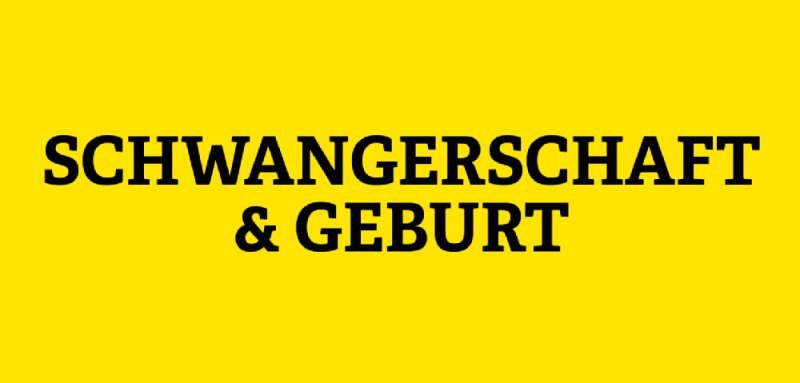 Gelbe Kachel mit Aufschrift Schwangerschaft & Geburt